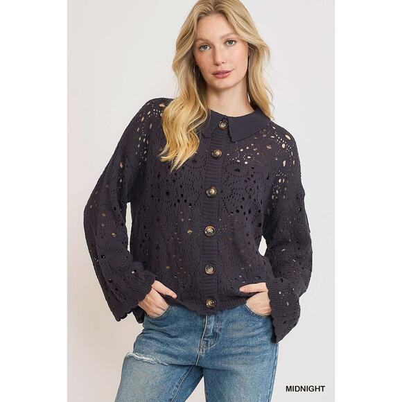 Umgee Crochet Button Down Long Sleeves Oversized Casual Knit Cardigan | Midnight - Picture 3 of 6